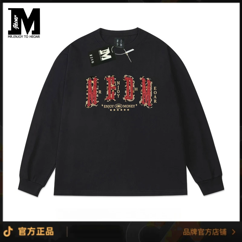 MEDM HEOAR斑边字母长袖T恤男女美式宽松重磅春秋卫衣情侣纯棉衣