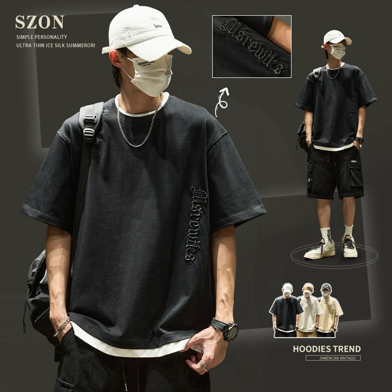 夏季T恤男潮牌美式假两件宽松短袖重磅松弛感字母刺绣纯棉五分袖