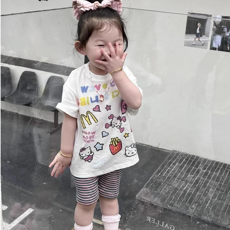 女童韩版纯棉短袖2025夏季新款可爱卡通印花白色上衣宝宝圆领T恤