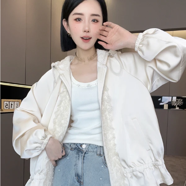 外套女2025春季新款欧洲站女装纯色拼接蕾丝边抽绳连帽长袖上衣
