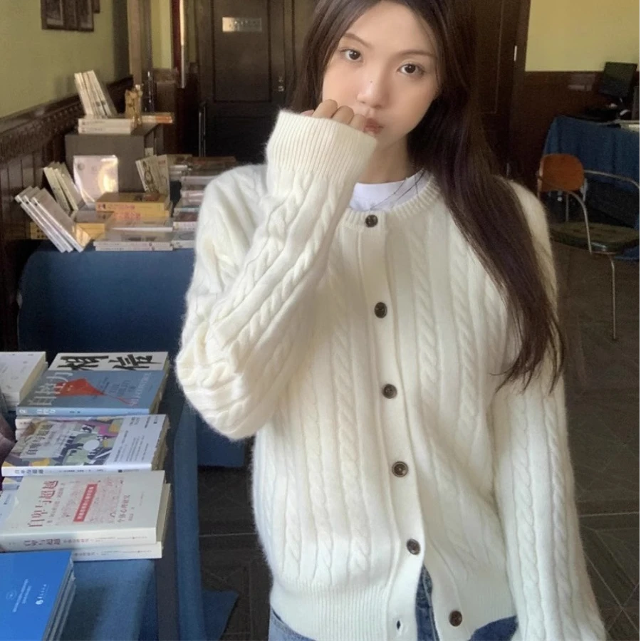 春秋韩系学院复古麻花毛衣休闲圆领气质长袖针织开衫外套女小个子