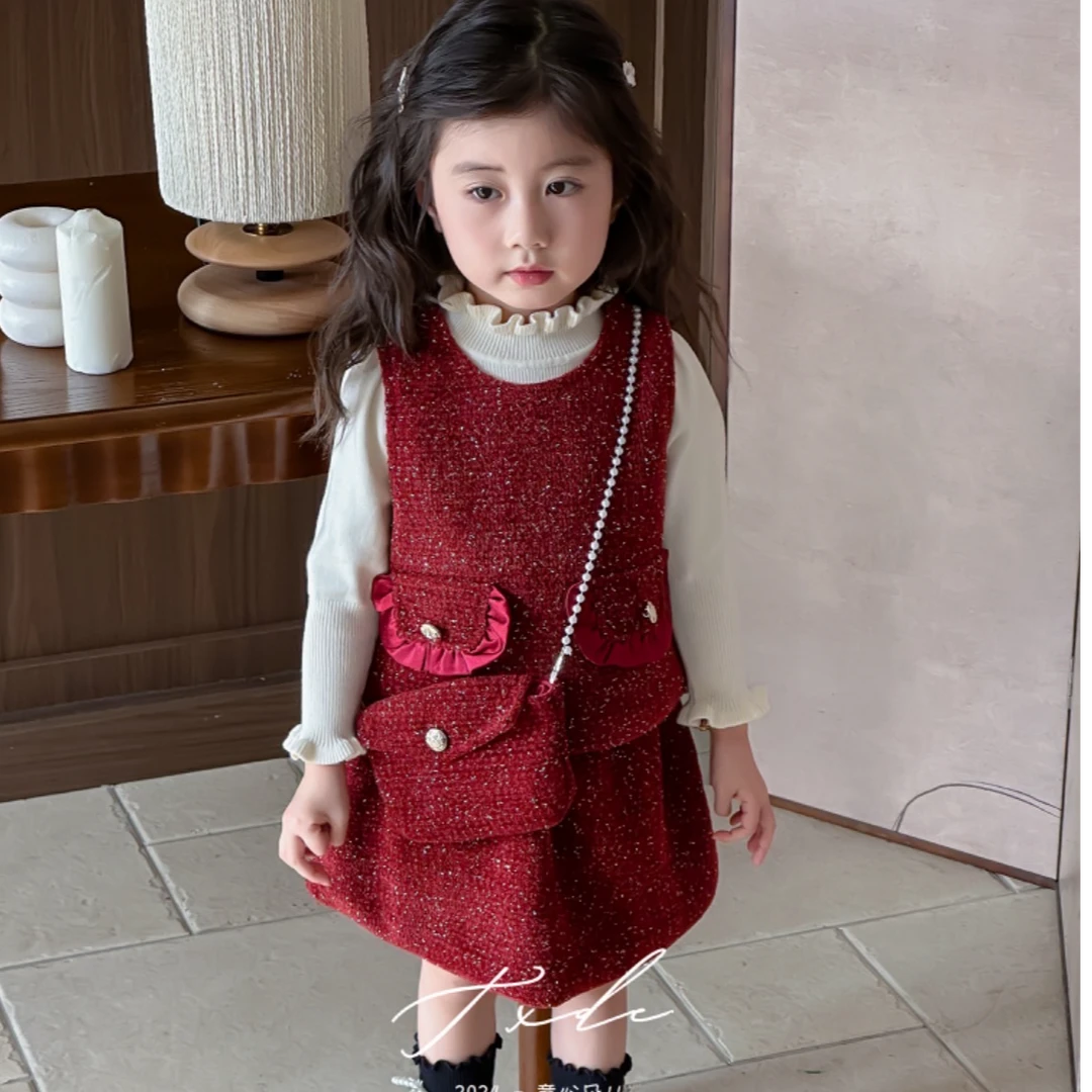 原创重工女童洋气加棉小香风红色拜年服周岁礼服裙公主裙四件套