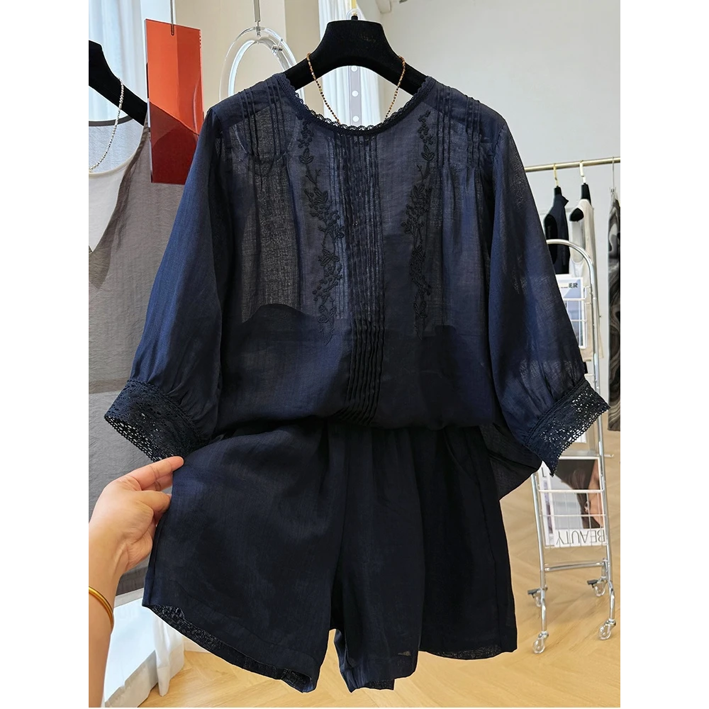 2025夏季新款高级感韩系刺绣衫短裤两件套女士时尚百搭显瘦两件套