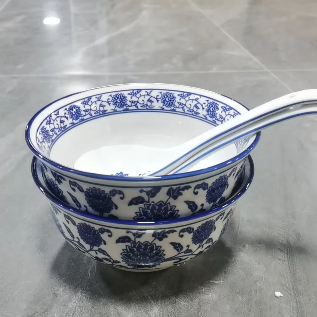 景德镇/陶瓷/青花大面碗一对+大汤勺一对