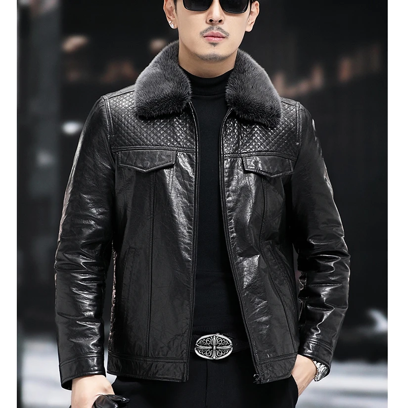 塞弗索罗温真皮羽绒服男短款水貂毛翻领真皮皮衣男山羊皮夹克外套