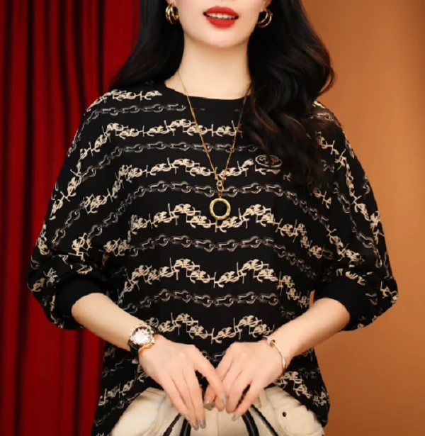 高端长袖时尚上衣女显瘦显白百搭印花圆领减龄
