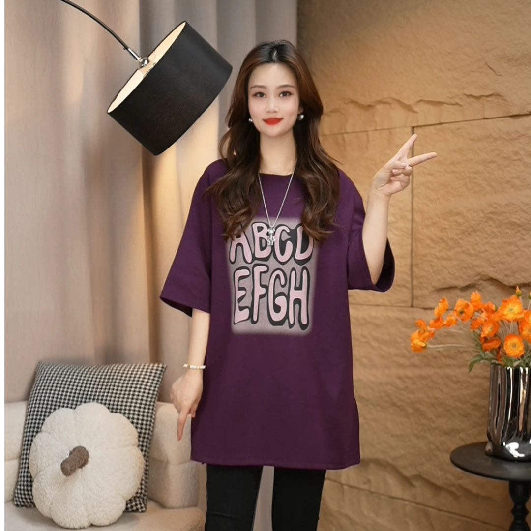 夏季透气大码显瘦T恤中长款时尚彩色印花字母圆领休闲t恤宽松短袖