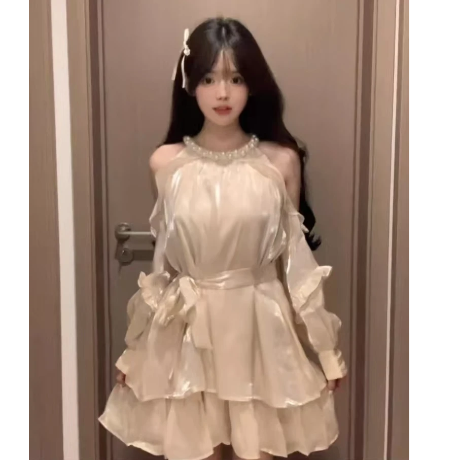 大码法式茶歇甜辣妹露肩珍珠挂脖生日蓬蓬连衣裙10991