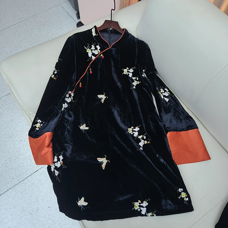 宝丫轻奢  女式优雅国风刺绣撞色长袖连衣裙K3572