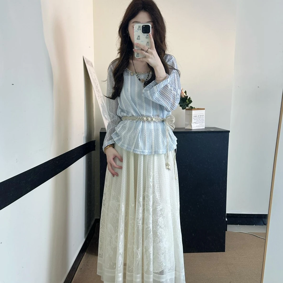 2025春季新款韩系宽松时尚镂空罩衫+半身裙+腰带三件套