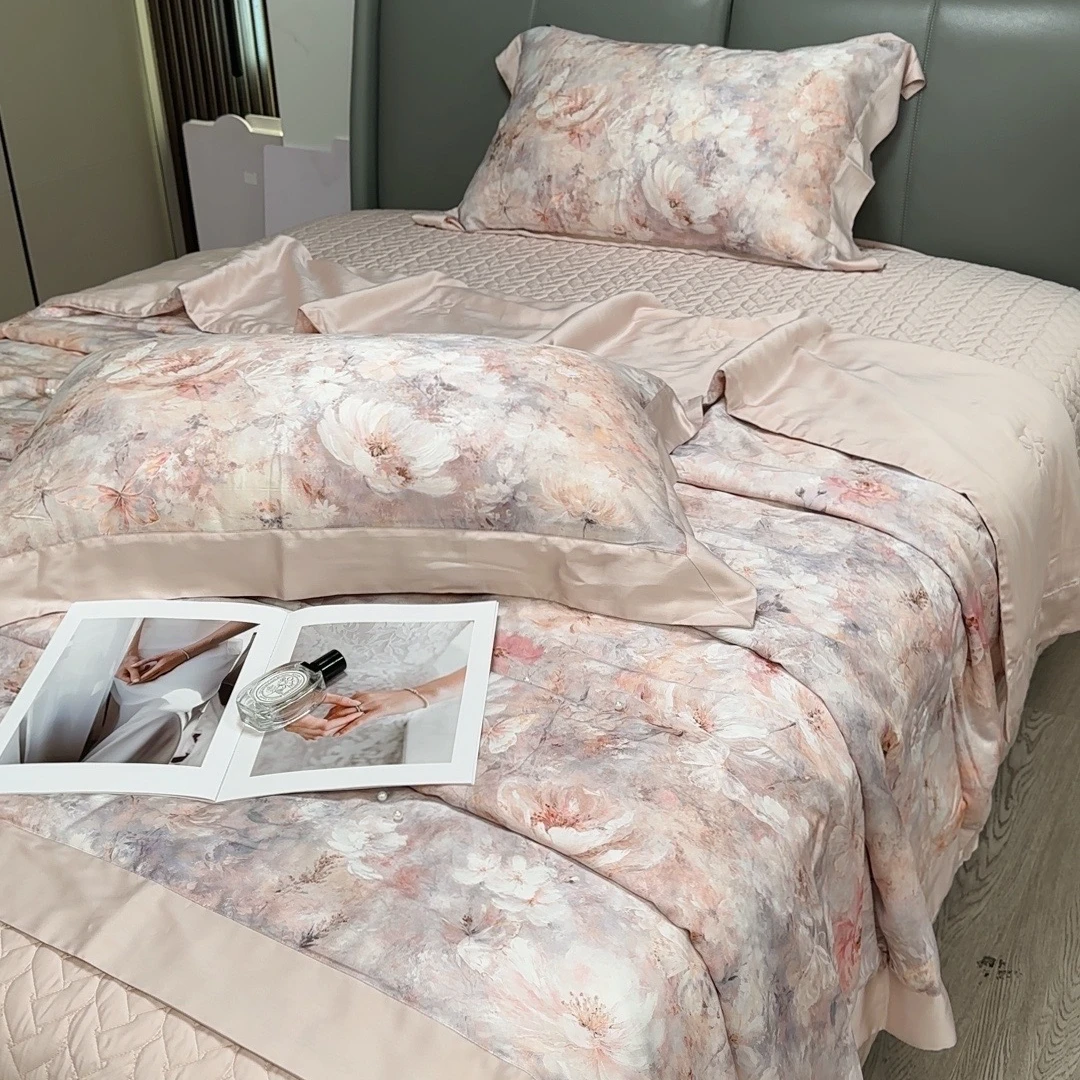 qeeboo-【桃之夭夭】夏凉被四件套轻奢高级感床品天丝床盖款空调被