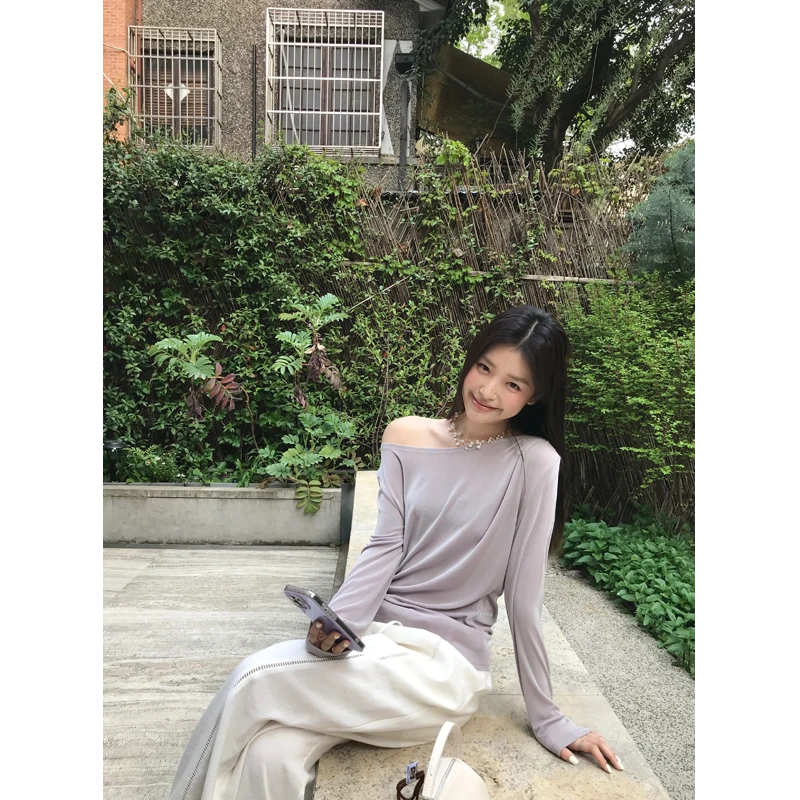 醋酸弹力t恤女2025新款夏季修身显瘦打底衫长袖一字肩上衣