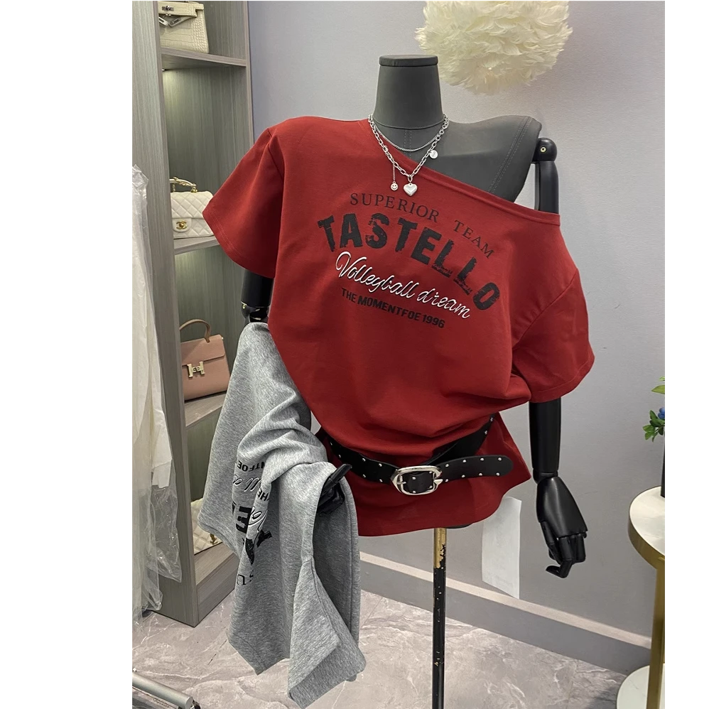 韩版慵懒风宽松百搭短袖一字肩斜肩T恤女红色元气显白露肩上衣潮