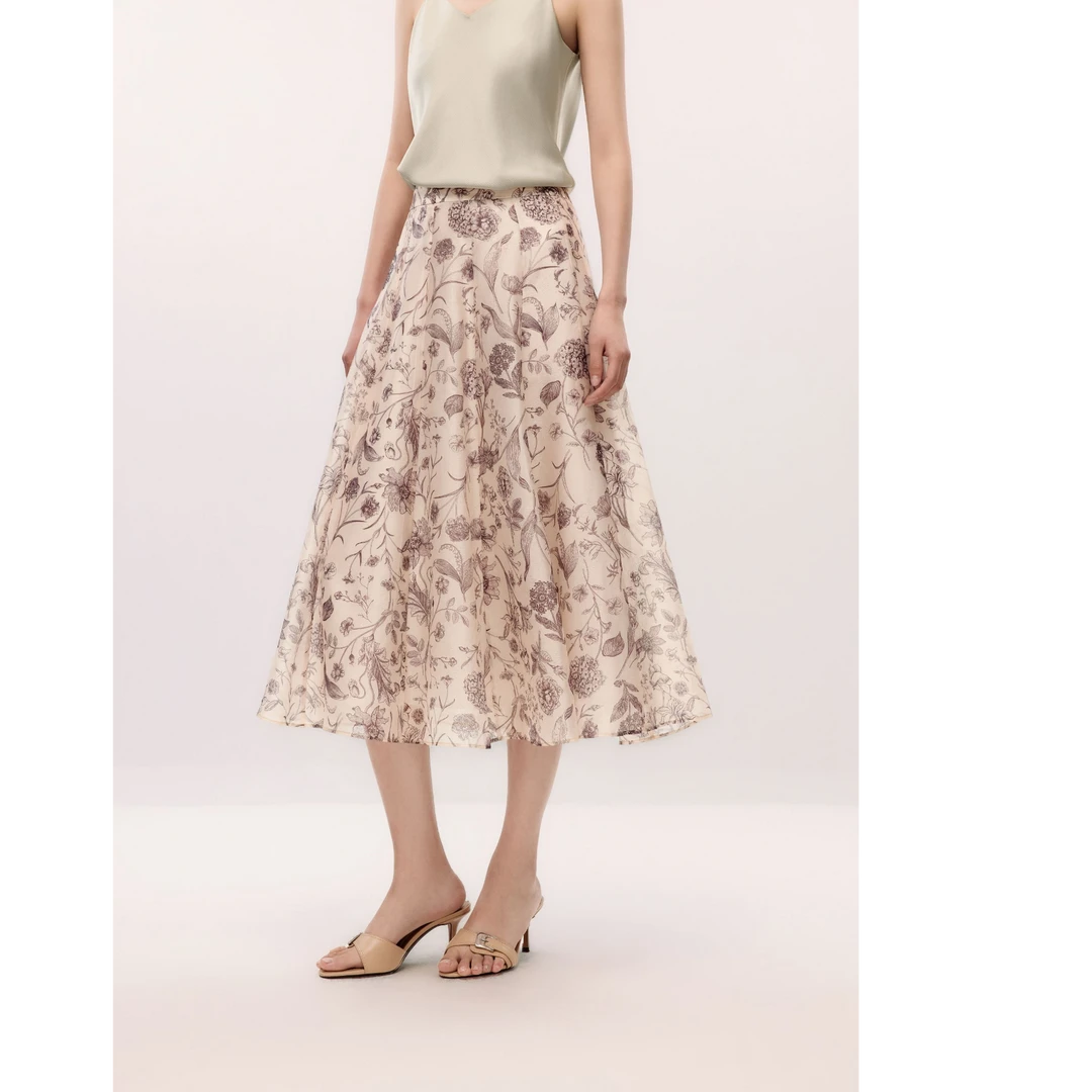 LANCY/朗姿2025夏季碎花气质A字半身裙时尚高腰百褶