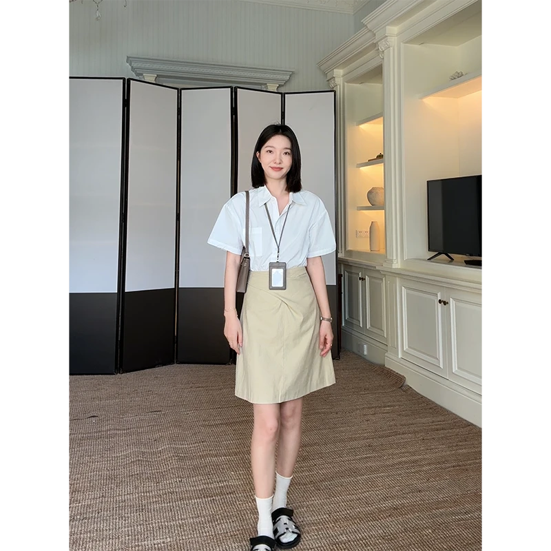 郭九九呢 100%棉气质通勤宽松衬衫设计感交叉绑带半裙 G925A06726