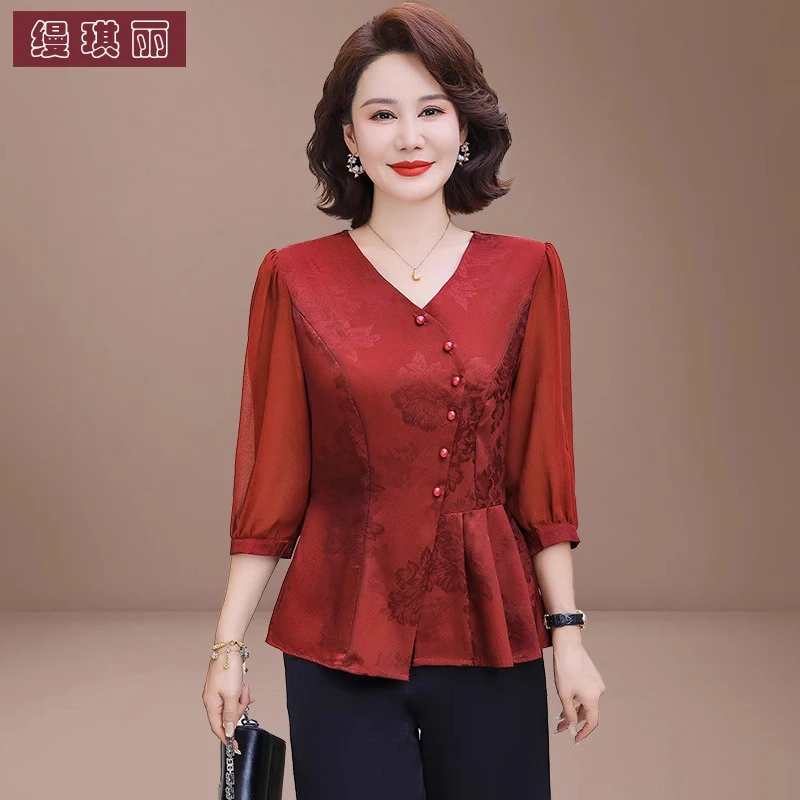 喜婆婆婚宴装礼服2025新款中老年妈妈夏装雪纺小衫两件套装40岁50