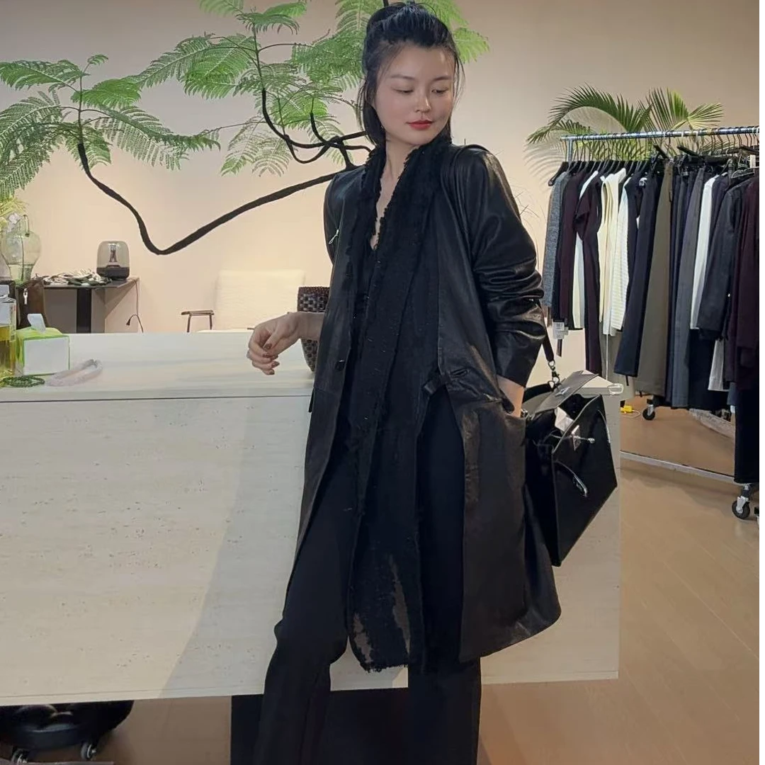 TANTAN 百搭显瘦气质韩版长款皮衣2456