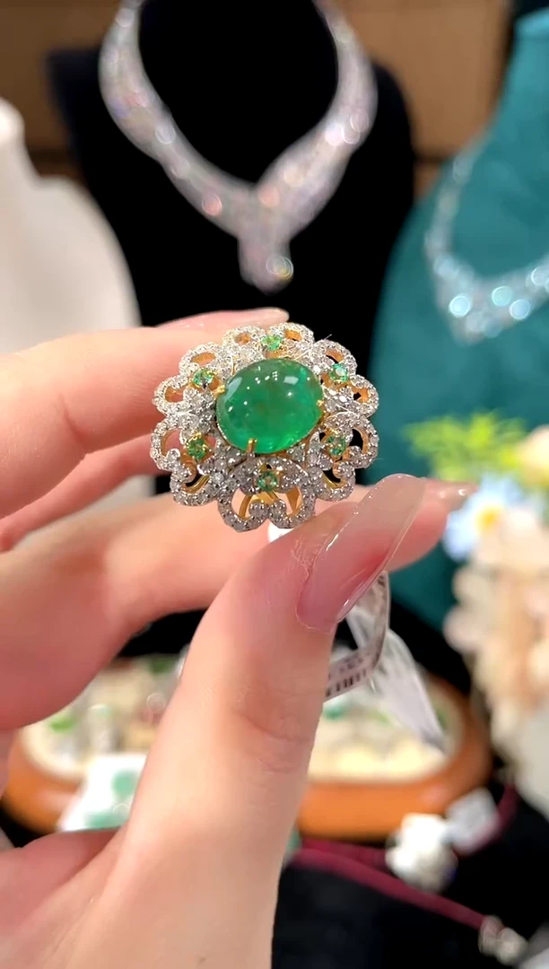 祖母绿戒指银S925镶嵌戒指