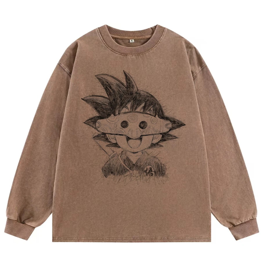 【阿祖悟空】做旧水洗秋冬重磅双纱纯棉长袖宽松300g手绘设计款T恤