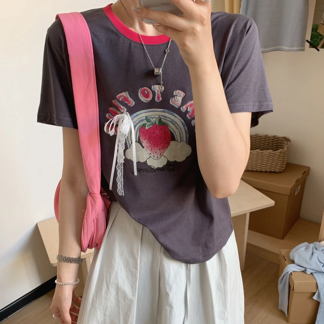 A1753 字母草莓T 夏款圆领彩虹草莓印花短袖T恤女