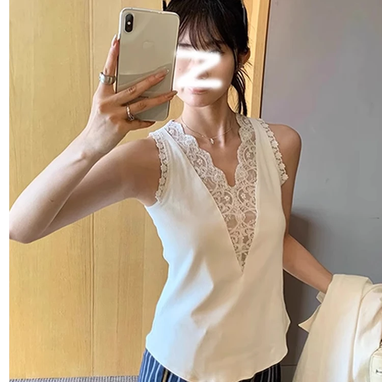 蕾丝花边V领吊带背心女夏季新款温柔外穿显瘦无袖内搭小衫上衣潮