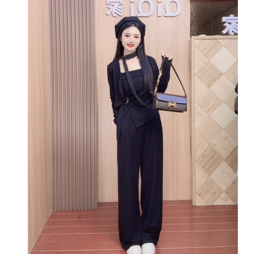 QiQi家 千金风高级感秋季新款收腰显瘦休闲时尚阔腿裤四件套装