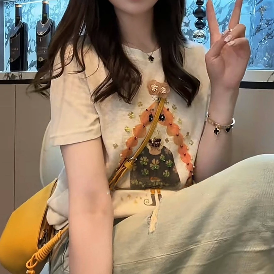 复古设计感印花时尚显瘦短袖T恤女2025夏季新款百搭气质圆领上衣