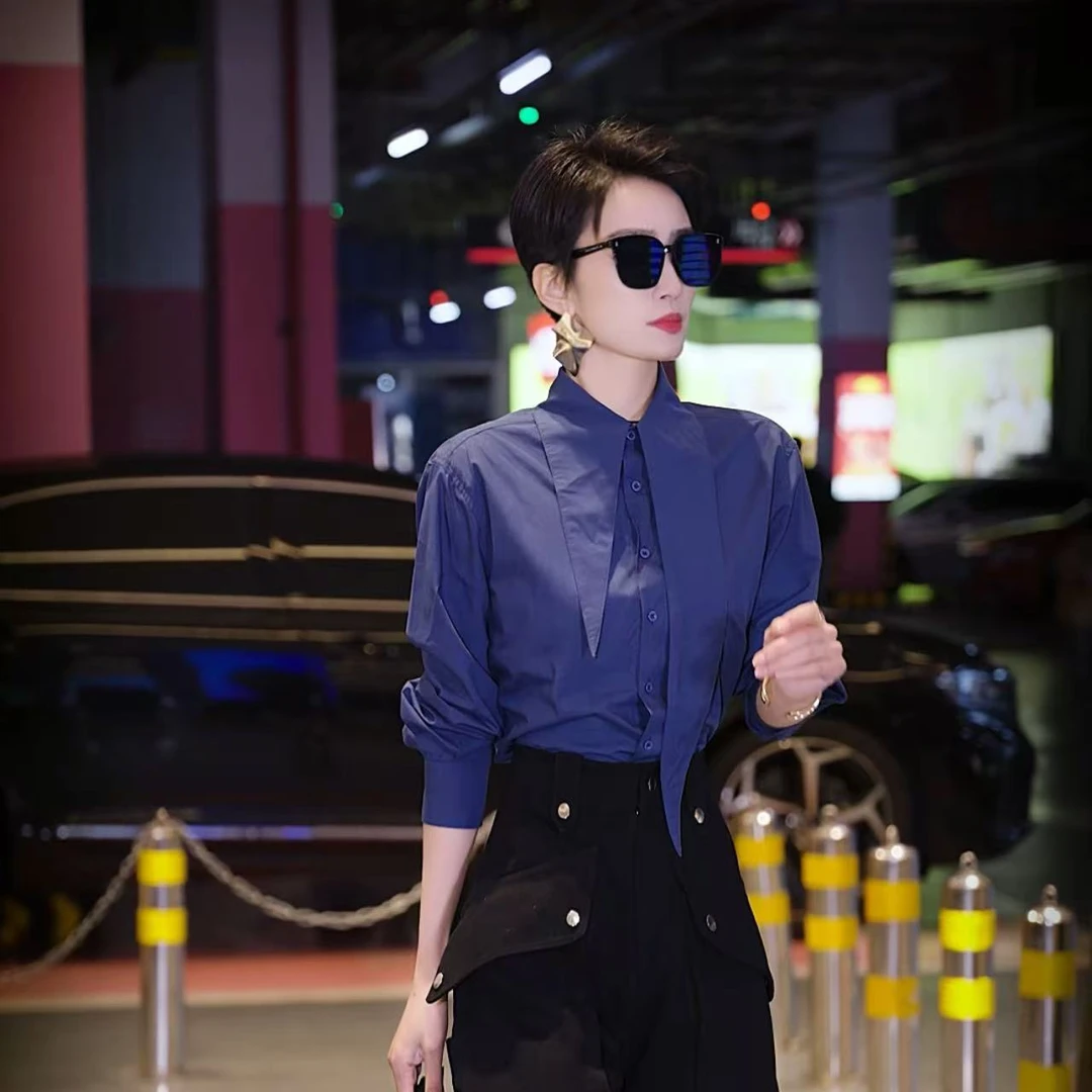 （萱萱严选）春季设计感高级蓝色通勤百搭衬衫