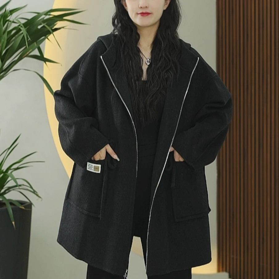 山羊绒双面呢大衣女大码显瘦绵羊毛莱赛尔秋季保暖连帽毛呢外套