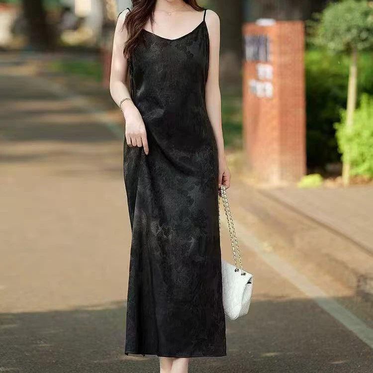 【沐杉高定】桑蚕丝提花设计弹力缎年轻时尚高端长款吊带裙女0216