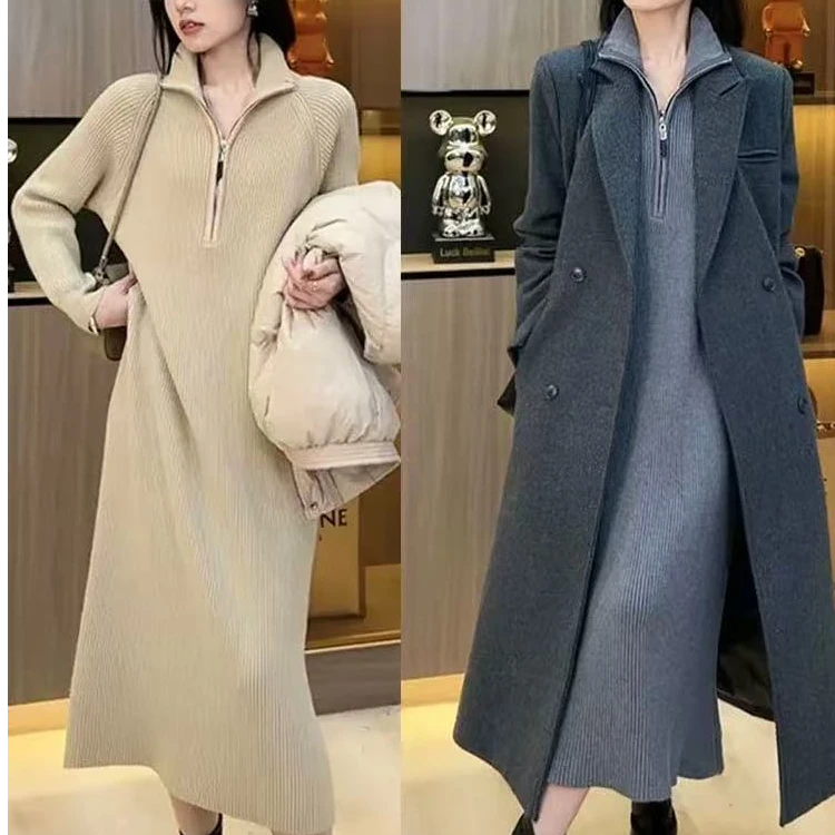 mulisha/穆丽莎法式慵懒风翻领拉链针织连衣裙女打底中长款毛衣