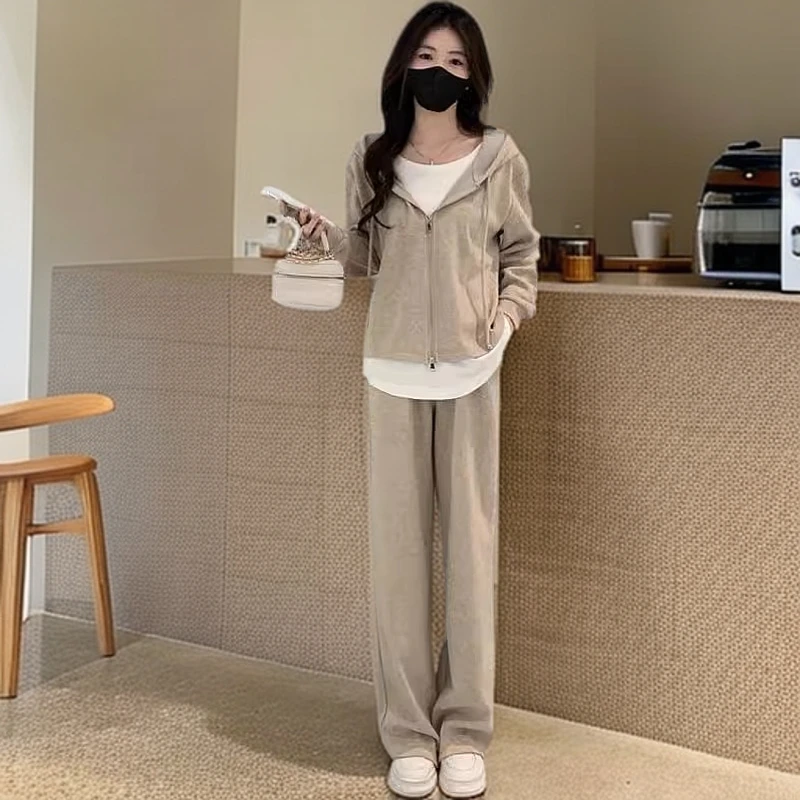 时尚休闲套装女2025春季新款时髦洋气假两件外套阔腿裤运动两件套