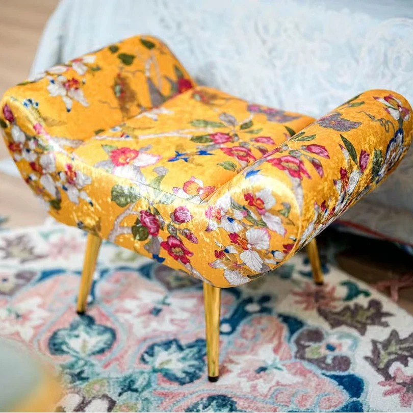 【奇居铜饰】美式黄色冰花绒床尾凳家用