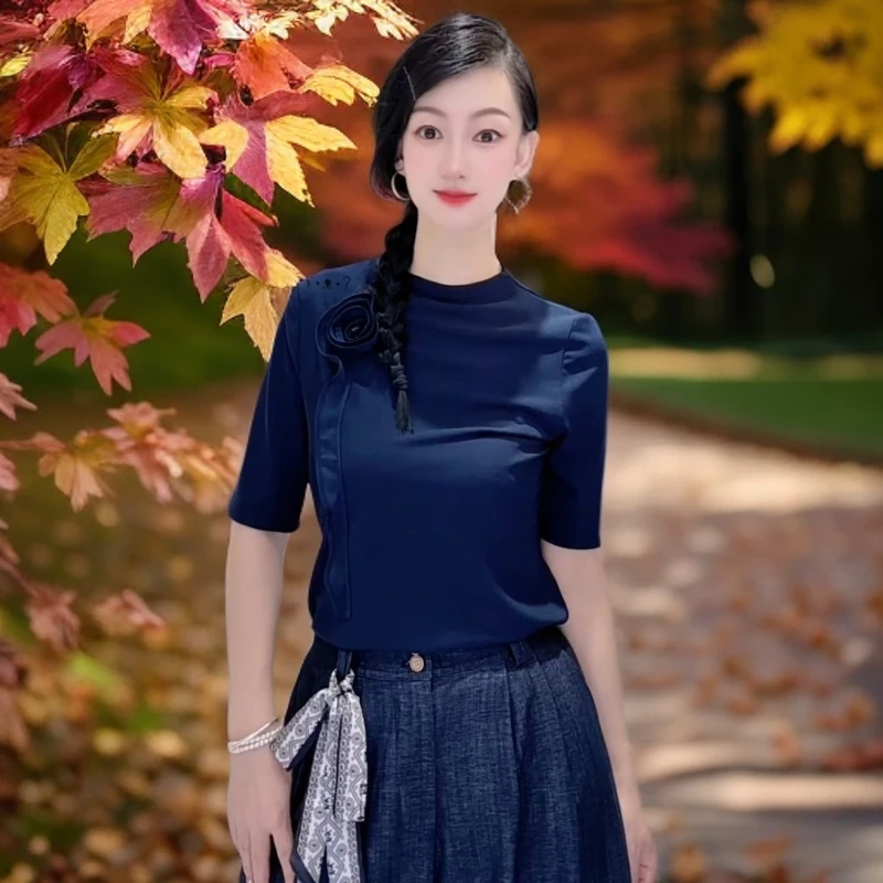 秋季女装时尚气质修身盘花中袖针织小衫上衣