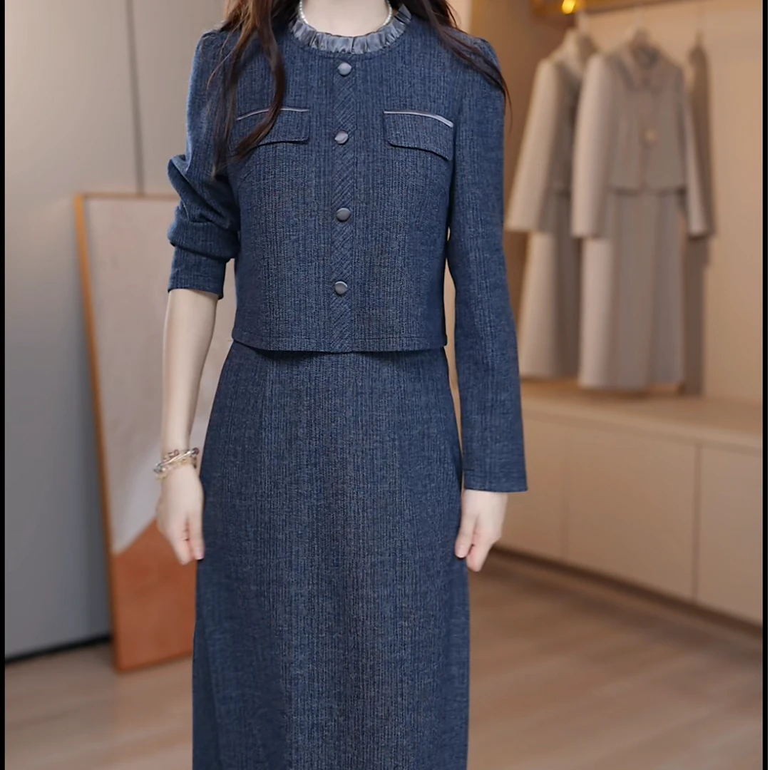 1311# 2025春季新款女装连衣裙气质花边假两件长袖名媛长款修身