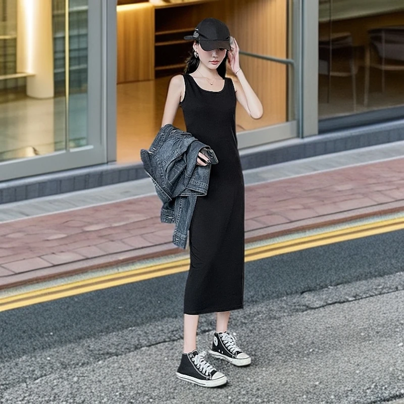 春夏新款内搭黑色吊带开叉连衣裙女修身显瘦背心裙打底长裙夏
