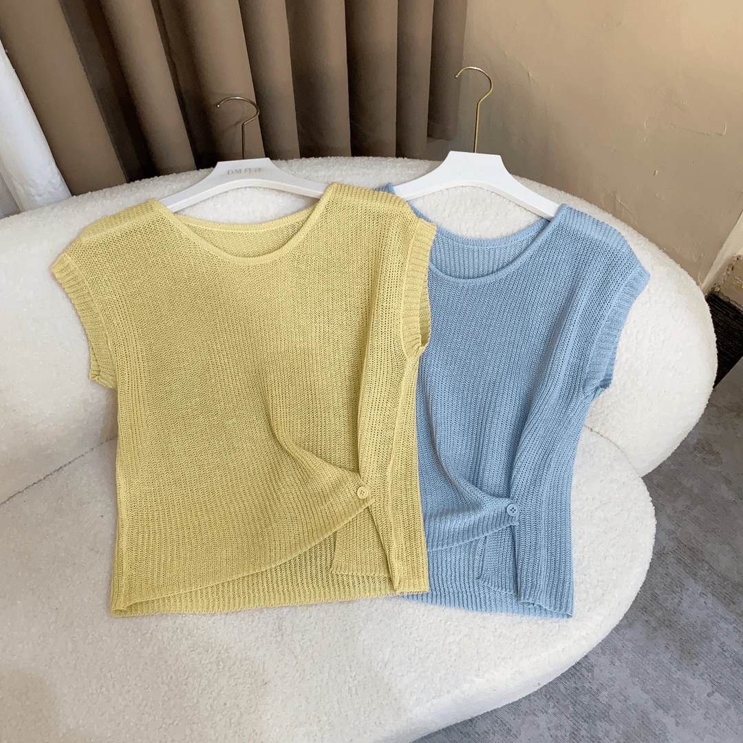 2025夏季短袖坎肩袖新款洋气开叉设计感小衫显瘦镂空百搭针织9240