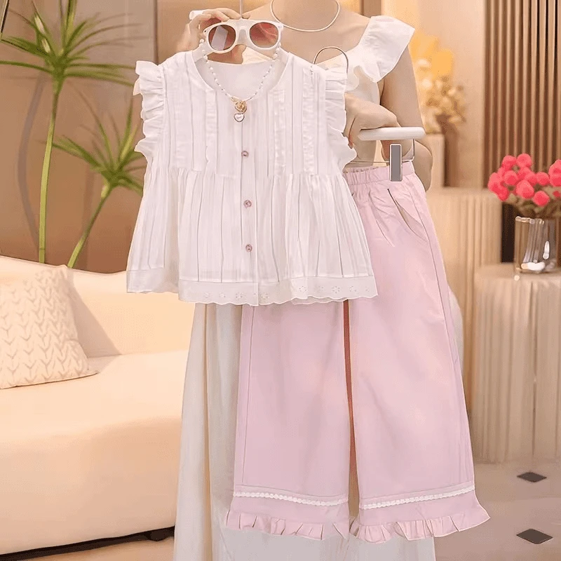 女童无袖衫九分裤套装2025新款花边娃娃衫防蚊阔腿裤甜美两件套夏
