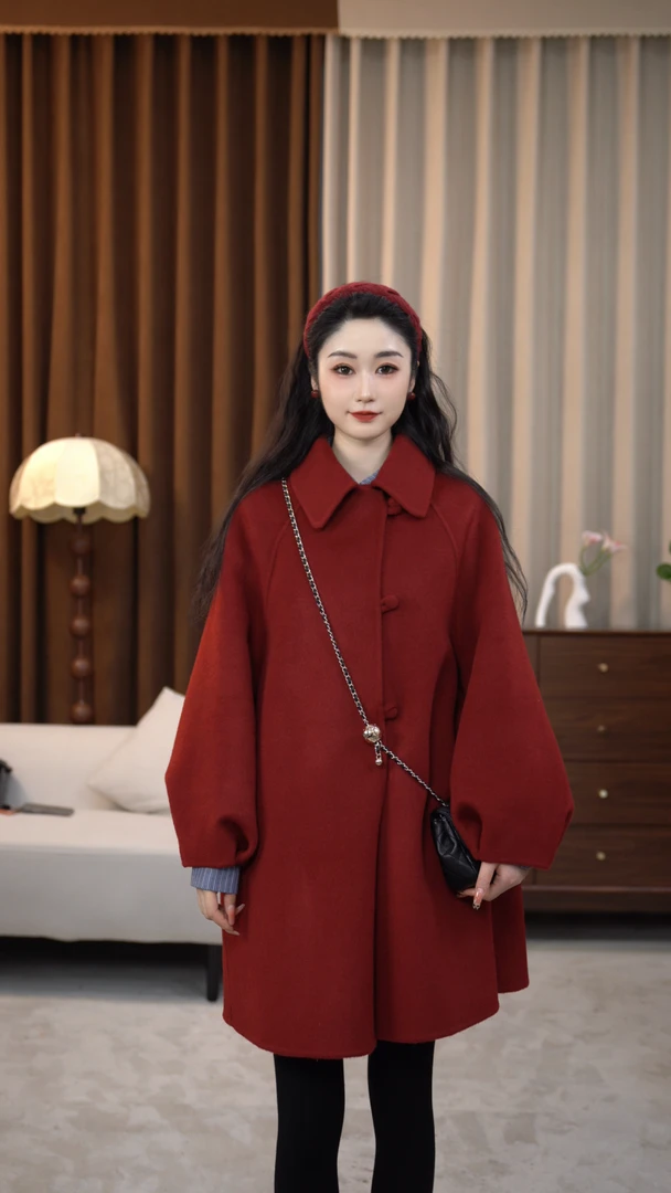 【挽江月】新款简约宽松温柔风娃娃领时尚百搭中长款秋冬羊毛大衣