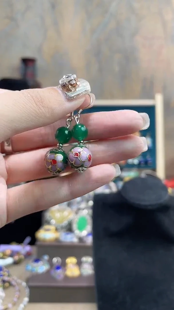 非遗手工景泰蓝耳环绿色