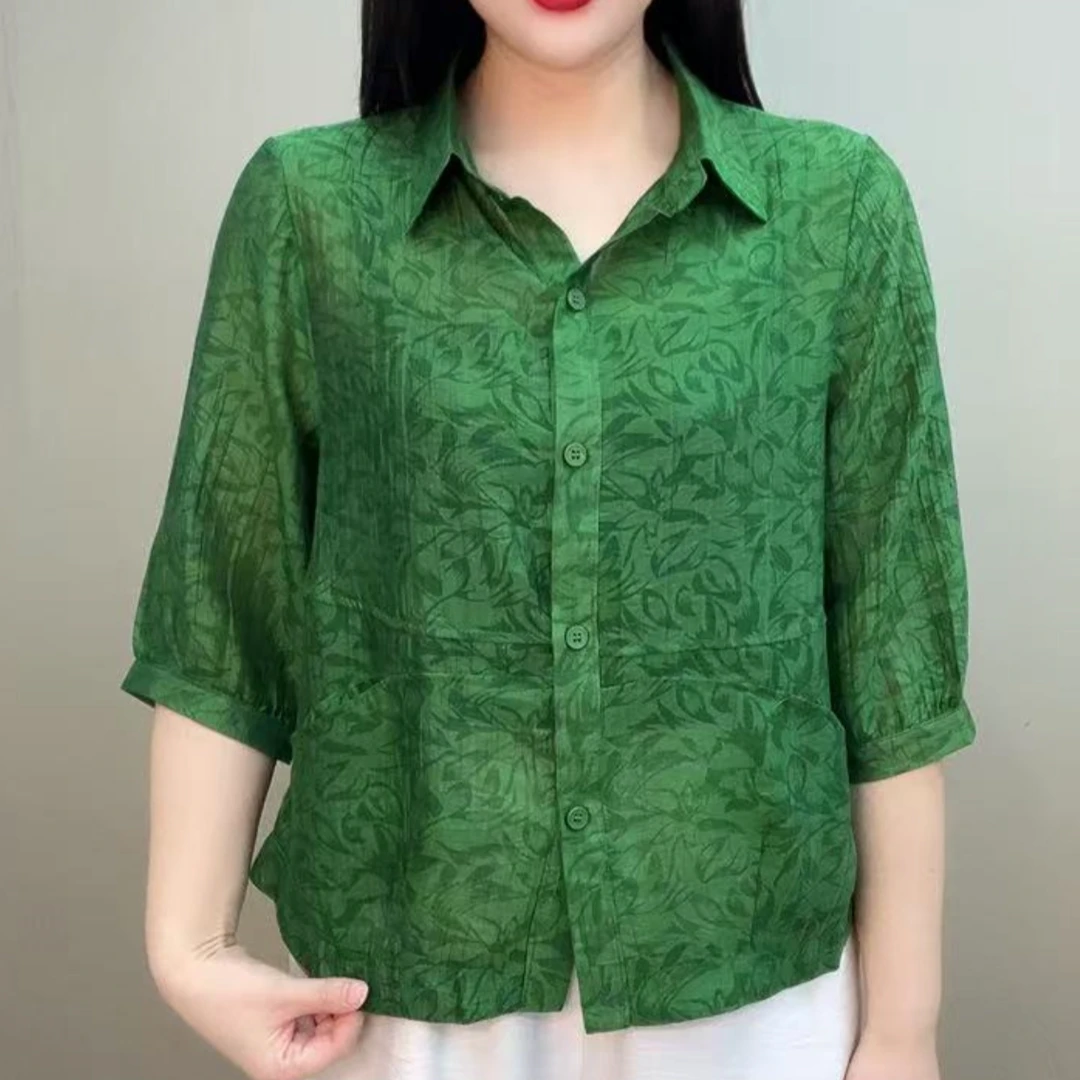 潮流翻领减龄休闲七分袖夏装衬衫宽松气质显瘦时尚中老年防晒上衣