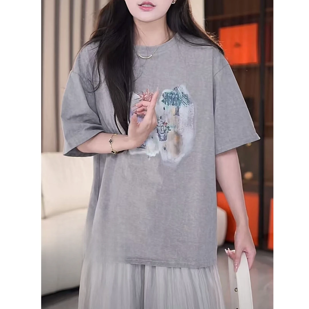 韩版小众复古休闲百搭宽松显瘦美式蜡染T恤女短袖慵懒风减龄上衣