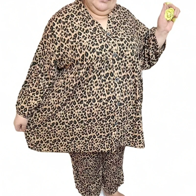 gulbaxikar碎花纯棉睡衣长袖春秋大码休闲女宽松时尚家居服套装