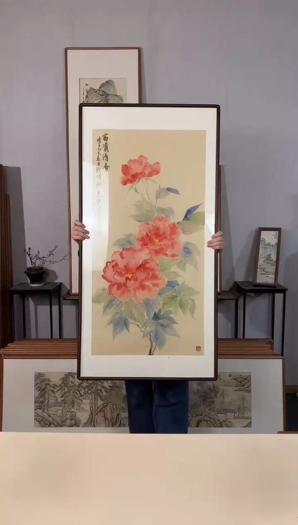 国画手绘*富贵清香*62*122cm*黑胡桃色木框