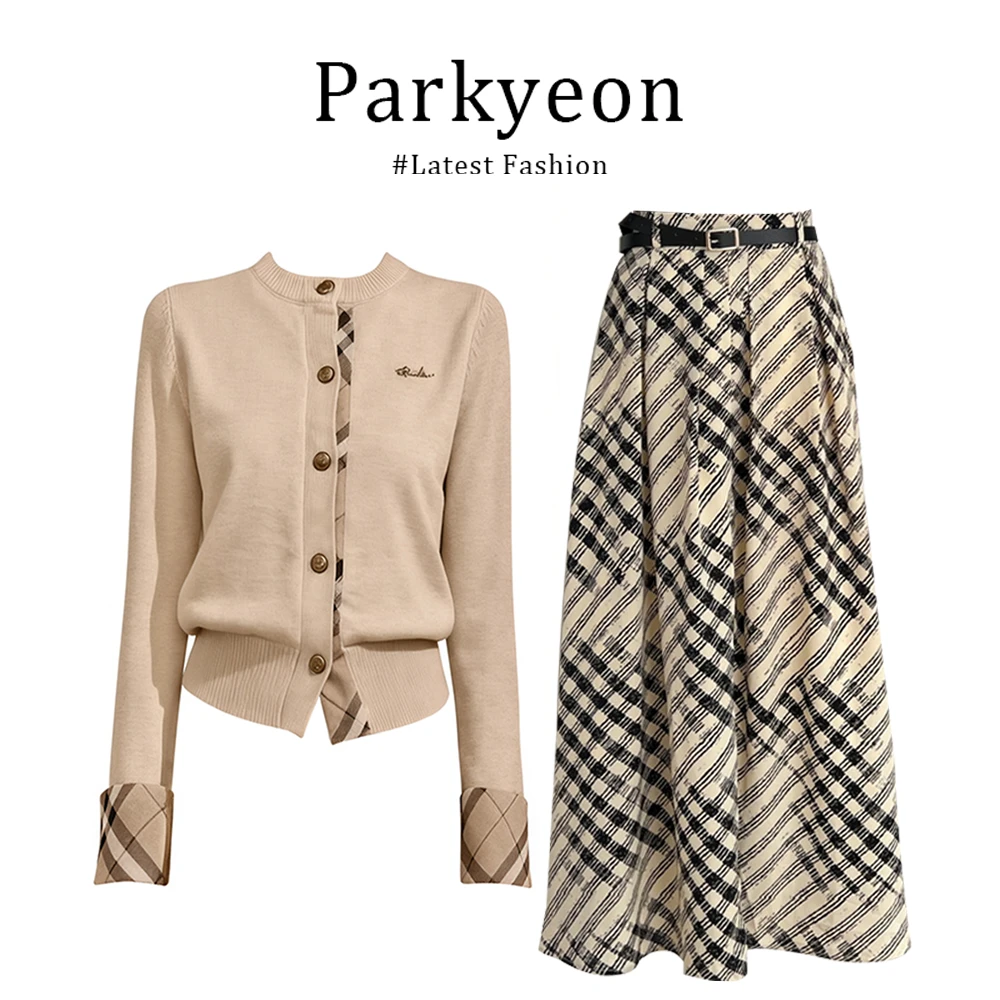 INS CEC格纹撞色圆领针织开衫女2025秋冬新款格子半身裙两件套