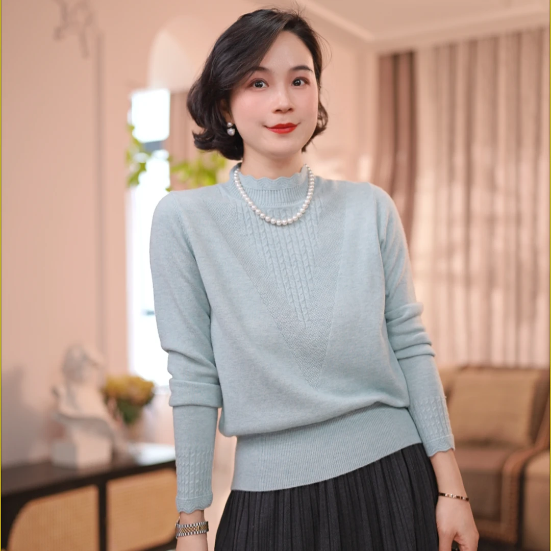 【蓝天】秋冬长袖蕾丝女衫半高领针织羊毛衫#DQ5803