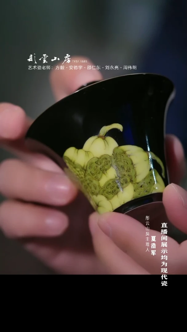 摆件彤云山房 黑底粉彩莲蓬盖碗