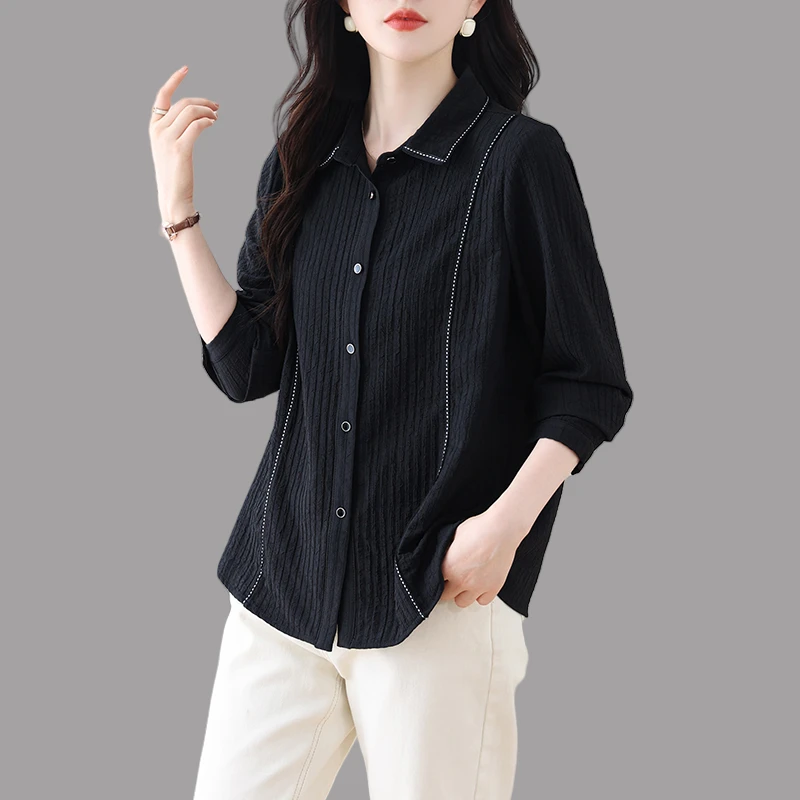 2025早秋新款大码女装黑色长袖衬衫法式设计感宽松通勤开衫上衣