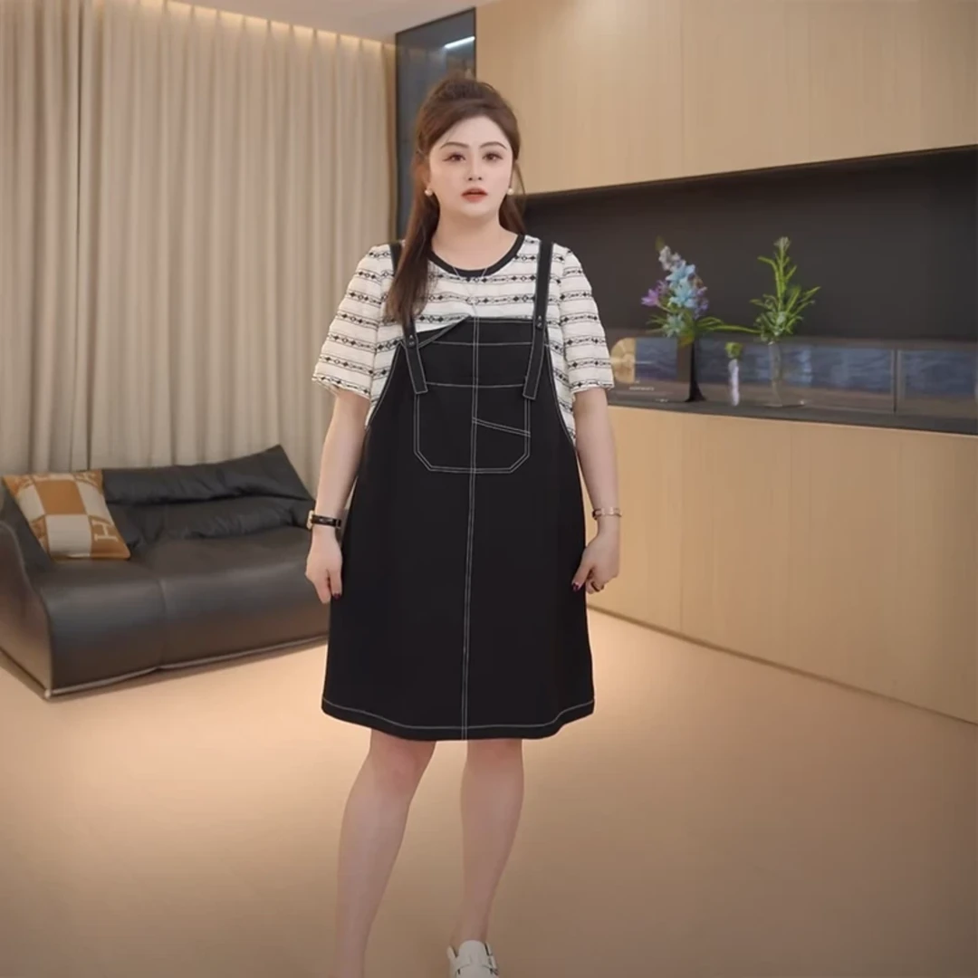 大码女装圆领短袖假两件背带裙女夏季新款胖mm巨遮肉显瘦连衣裙