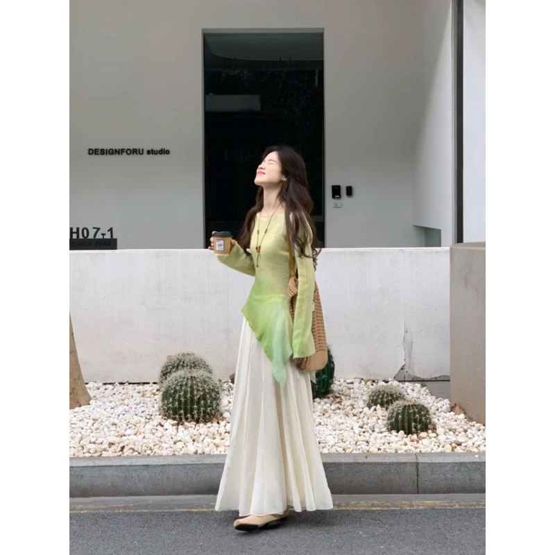 MARIE.COCO渐变色不规则长袖针织衫上衣女秋季垂感显瘦半身裙套装